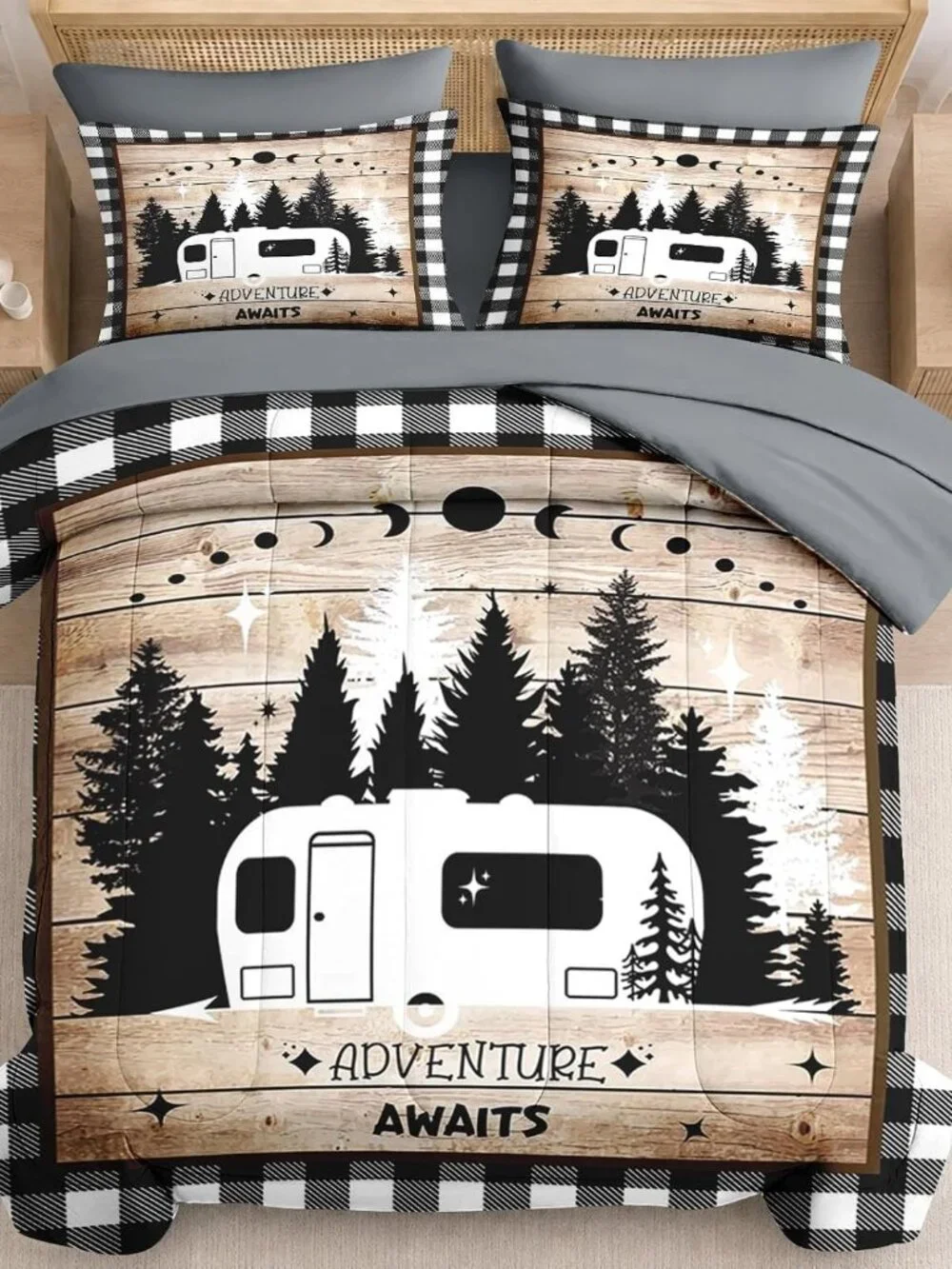 7 Pieces Comforter Set Full Size, Camping Camper Plaid Bedding Set with Fitted S